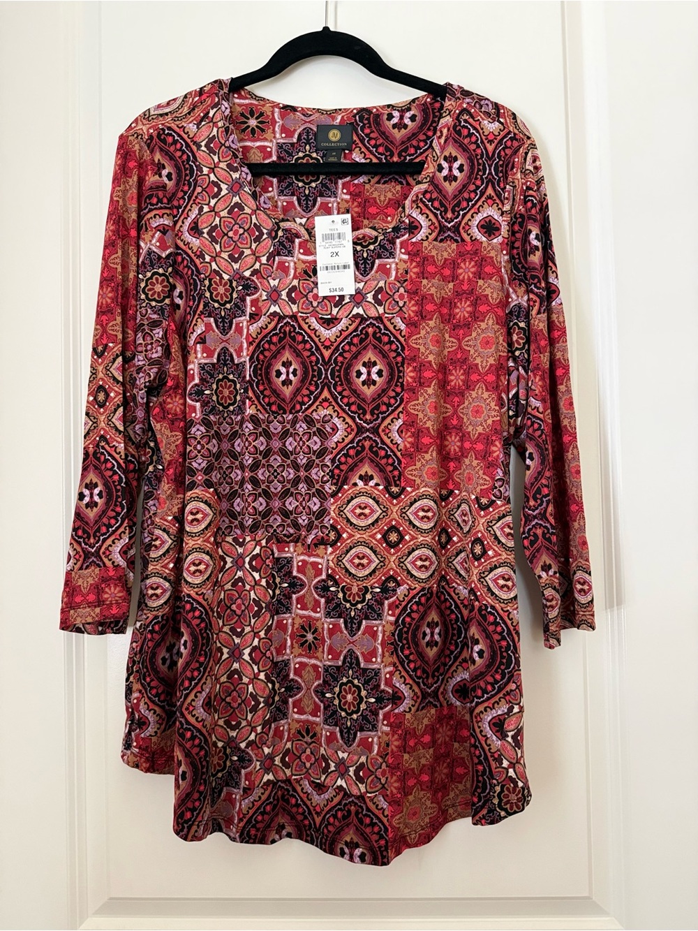 JM Collection Boho Red Patterned 3/4 Sleeve Stretchy Knit Tunic Top size 2X